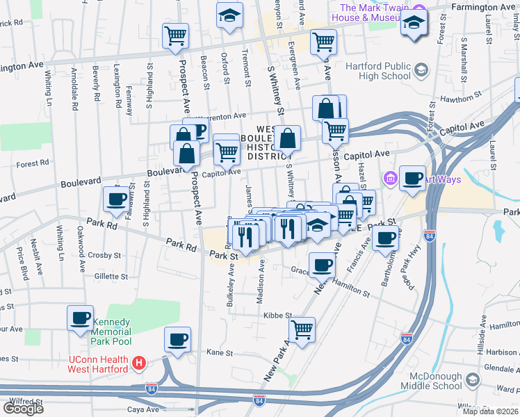 map of restaurants, bars, coffee shops, grocery stores, and more near 76 Heath Street in Hartford
