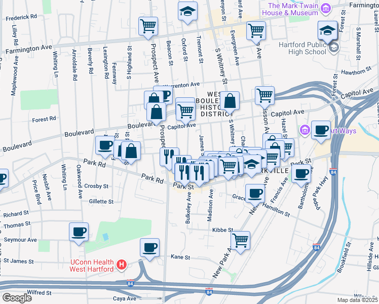 map of restaurants, bars, coffee shops, grocery stores, and more near 62-64 Rowe Avenue in Hartford
