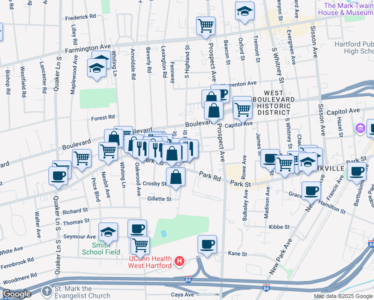 map of restaurants, bars, coffee shops, grocery stores, and more near 203 South Highland Street in West Hartford
