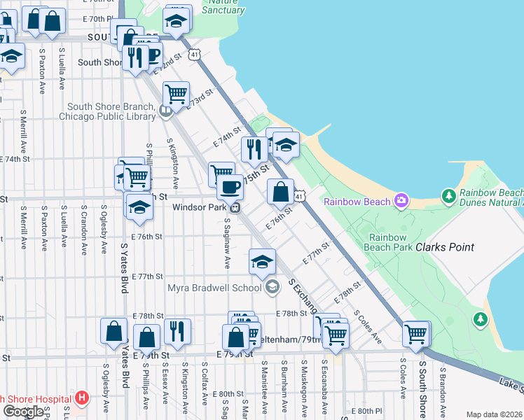 map of restaurants, bars, coffee shops, grocery stores, and more near 2725 East 75th Place in Chicago