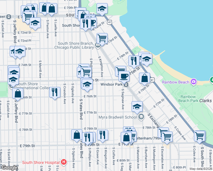 map of restaurants, bars, coffee shops, grocery stores, and more near 7515 South Kingston Avenue in Chicago