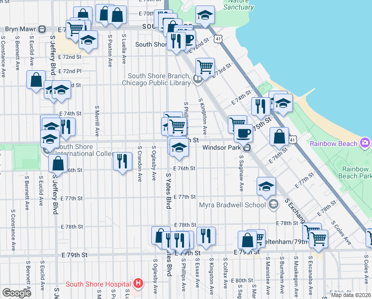 map of restaurants, bars, coffee shops, grocery stores, and more near 7512 South Phillips Avenue in Chicago