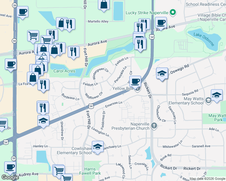 map of restaurants, bars, coffee shops, grocery stores, and more near 2311 Periwinkle Court in Naperville