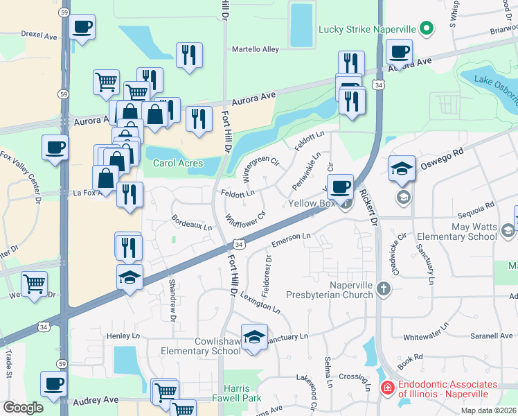 map of restaurants, bars, coffee shops, grocery stores, and more near 716 Wildflower Circle in Naperville