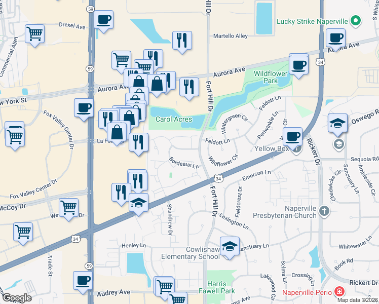 map of restaurants, bars, coffee shops, grocery stores, and more near 2506 Carrolwood Road in Naperville