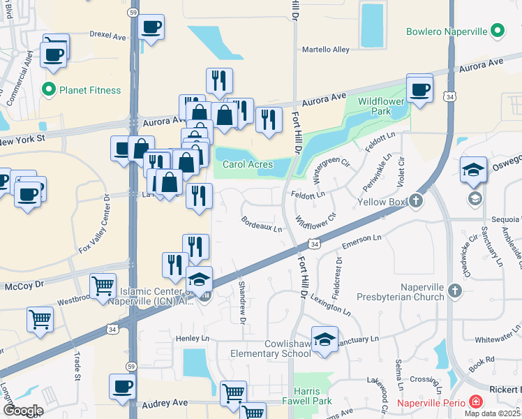 map of restaurants, bars, coffee shops, grocery stores, and more near 2548 Carrolwood Road in Naperville