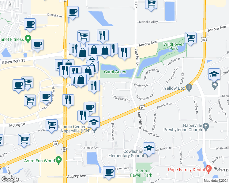 map of restaurants, bars, coffee shops, grocery stores, and more near 2548 Carrolwood Road in Naperville