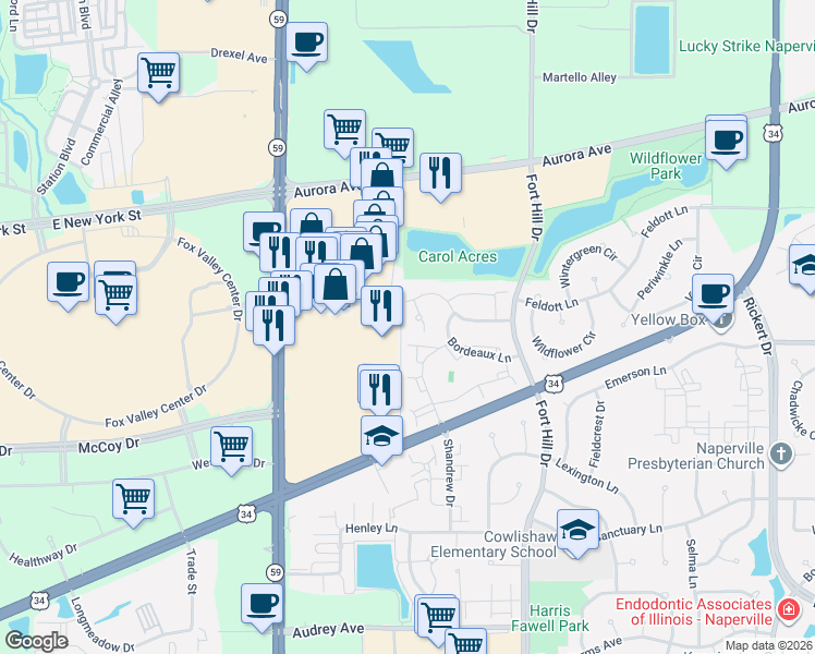 map of restaurants, bars, coffee shops, grocery stores, and more near 721 Blossom Court in Naperville