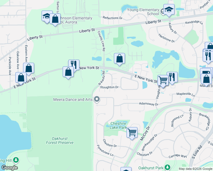 map of restaurants, bars, coffee shops, grocery stores, and more near 2238 Stoughton Drive in Aurora