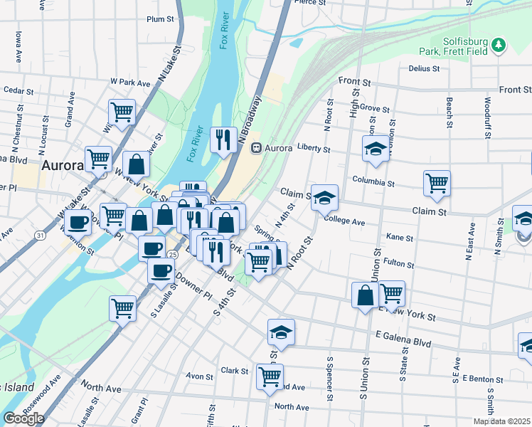 map of restaurants, bars, coffee shops, grocery stores, and more near 129 North Lincoln Avenue in Aurora