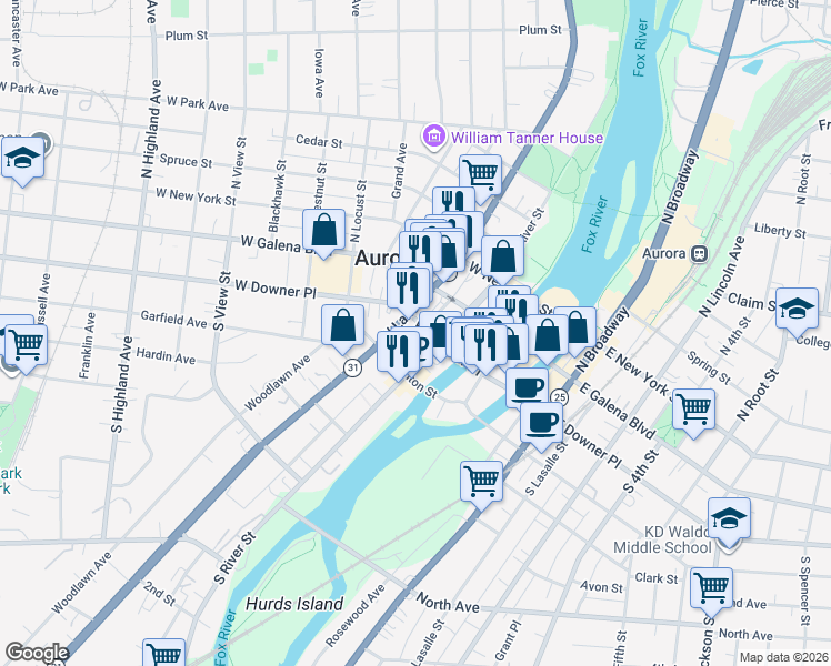 map of restaurants, bars, coffee shops, grocery stores, and more near 101-119 W Downer Pl in Aurora