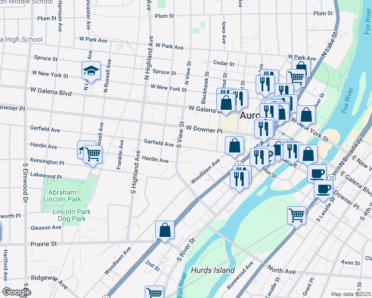 map of restaurants, bars, coffee shops, grocery stores, and more near 78 South View Street in Aurora