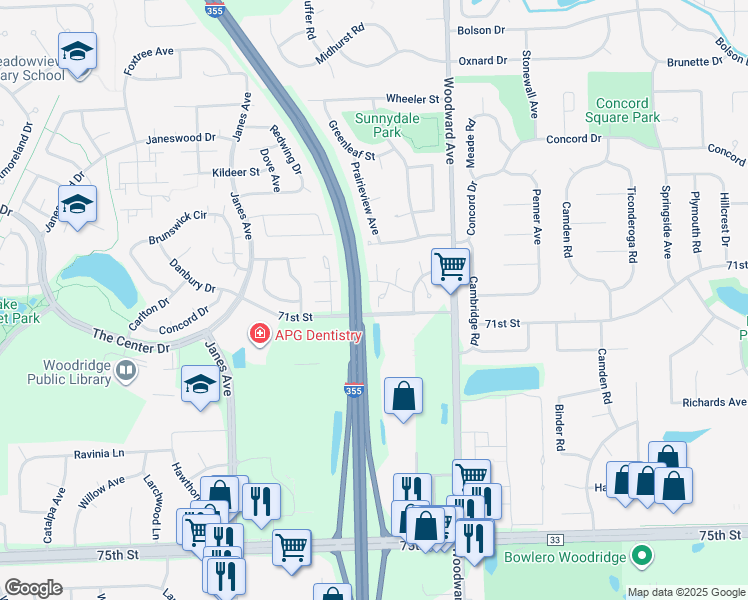 map of restaurants, bars, coffee shops, grocery stores, and more near 7020 Brighton Court in Woodridge