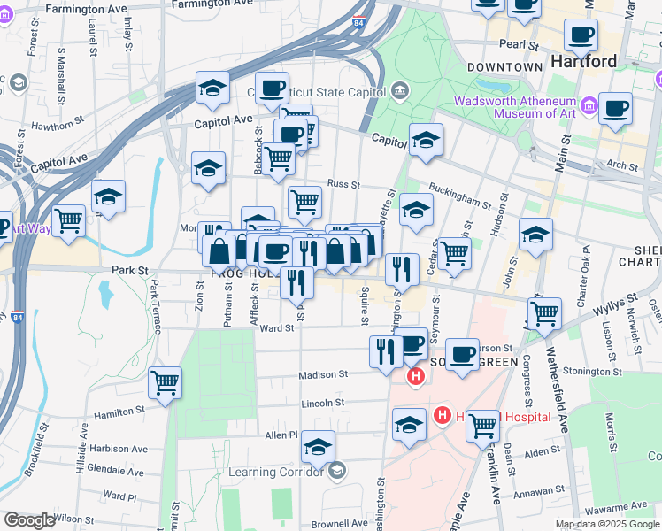 map of restaurants, bars, coffee shops, grocery stores, and more near 180 Hungerford Street in Hartford