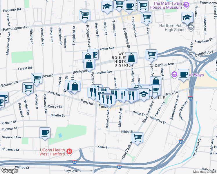 map of restaurants, bars, coffee shops, grocery stores, and more near 64 Rowe Avenue in Hartford