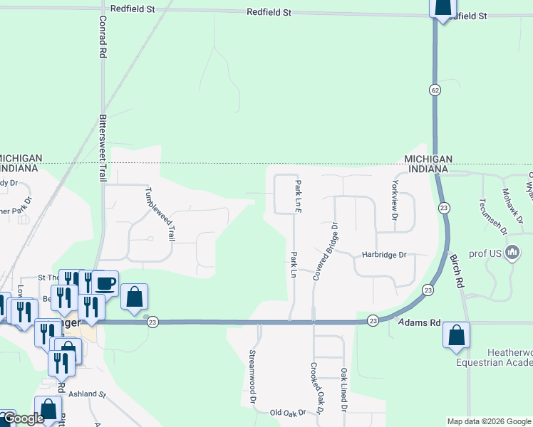 map of restaurants, bars, coffee shops, grocery stores, and more near 50661 Park Lane in Granger