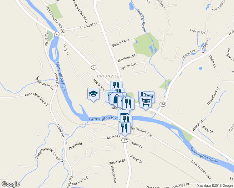 map of restaurants, bars, coffee shops, grocery stores, and more near 61 Main Street in Farmington