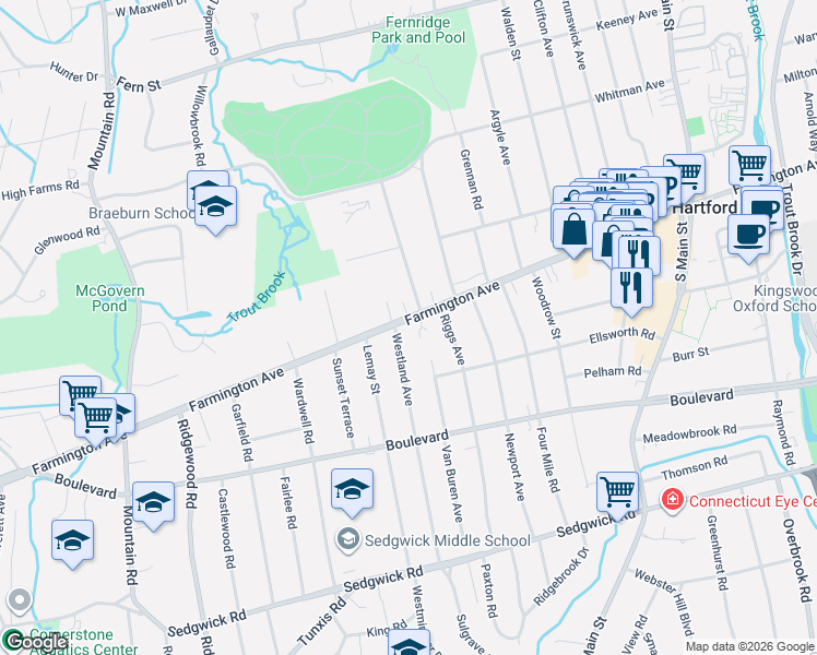 map of restaurants, bars, coffee shops, grocery stores, and more near 1087 Farmington Avenue in West Hartford