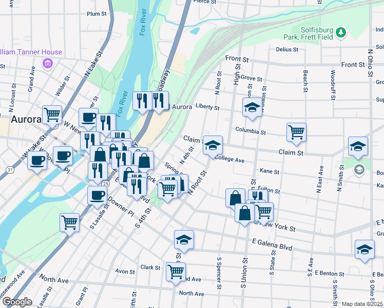 map of restaurants, bars, coffee shops, grocery stores, and more near 149 North 4th Street in Aurora