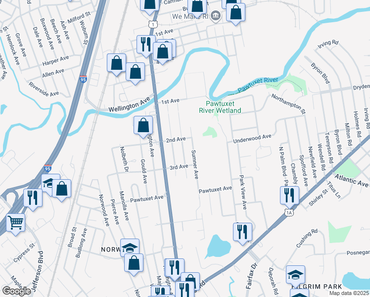 map of restaurants, bars, coffee shops, grocery stores, and more near 148 Wingate Ave in Warwick