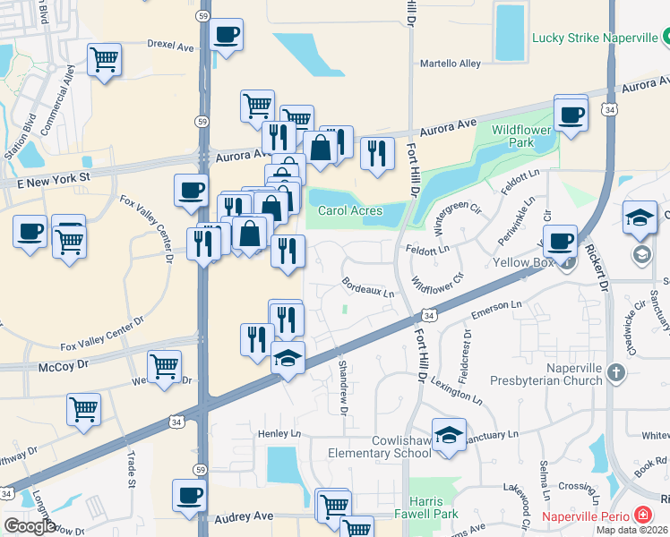 map of restaurants, bars, coffee shops, grocery stores, and more near 2532 Bordeaux Lane in Naperville