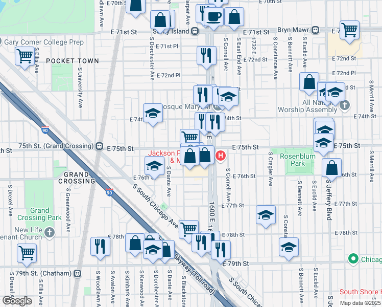 map of restaurants, bars, coffee shops, grocery stores, and more near 7530 South Stony Island Avenue in Chicago