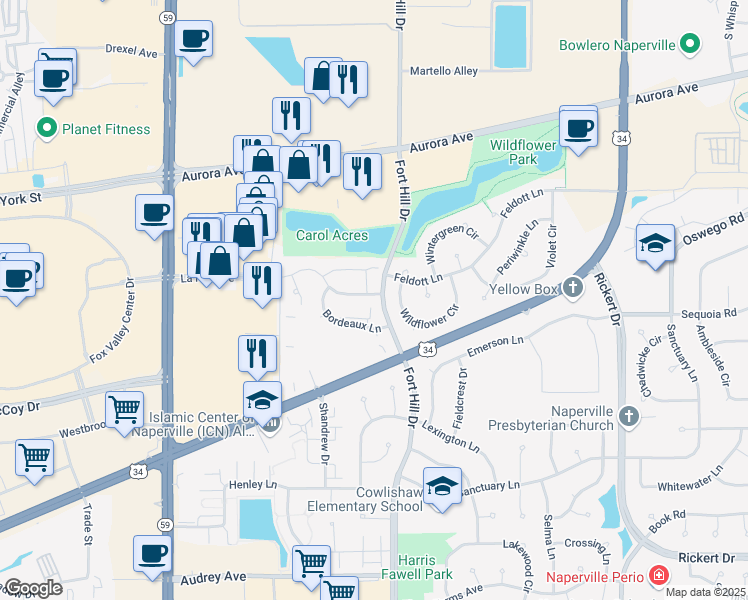 map of restaurants, bars, coffee shops, grocery stores, and more near 2506 Carrolwood Road in Naperville