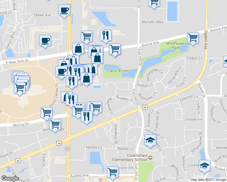 map of restaurants, bars, coffee shops, grocery stores, and more near 726 Blossom Court in Naperville