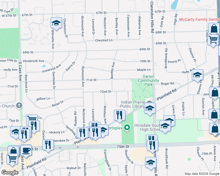 map of restaurants, bars, coffee shops, grocery stores, and more near 610 72nd Street in Darien