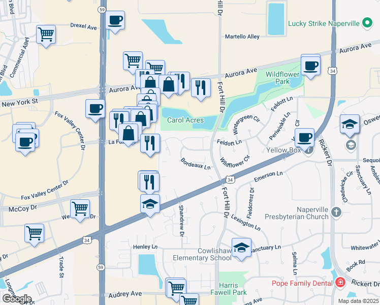 map of restaurants, bars, coffee shops, grocery stores, and more near 2548 Carrolwood Road in Naperville