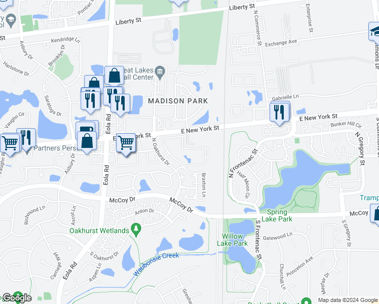 map of restaurants, bars, coffee shops, grocery stores, and more near 325 North Oakhurst Drive in Aurora