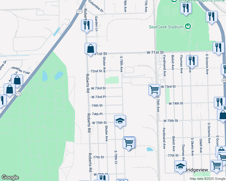 map of restaurants, bars, coffee shops, grocery stores, and more near 7831 West 73rd Street in Bridgeview