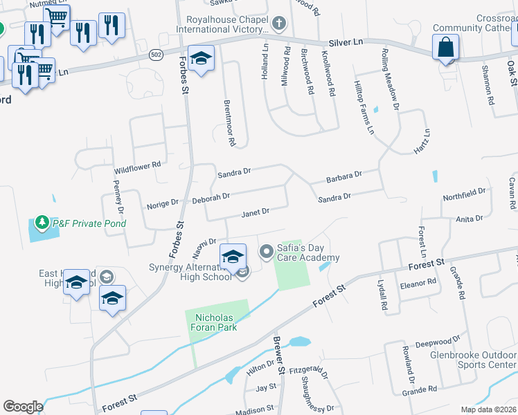 map of restaurants, bars, coffee shops, grocery stores, and more near 98 Janet Drive in East Hartford