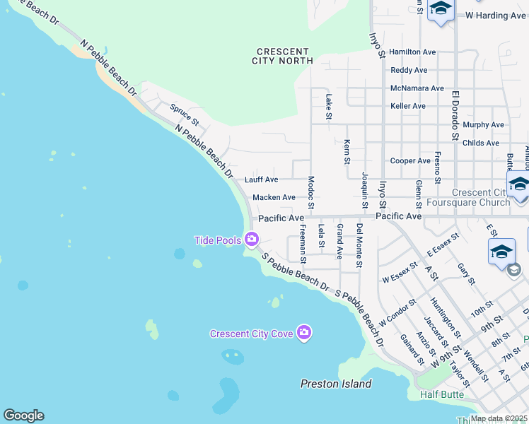 map of restaurants, bars, coffee shops, grocery stores, and more near 1650 Pacific Avenue in Crescent City