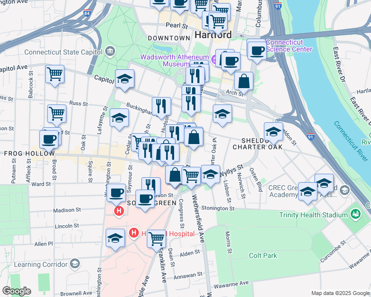 map of restaurants, bars, coffee shops, grocery stores, and more near 50 Main Street in Hartford