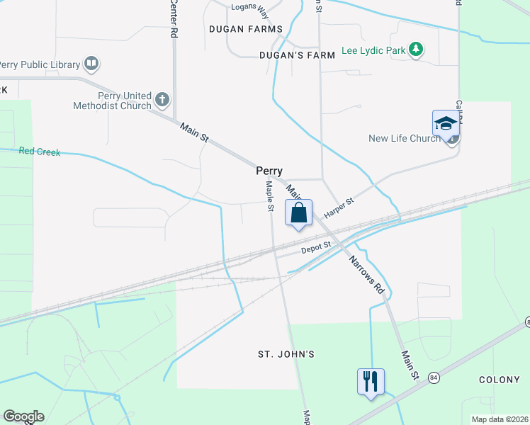 map of restaurants, bars, coffee shops, grocery stores, and more near 4192 Maple St in Perry