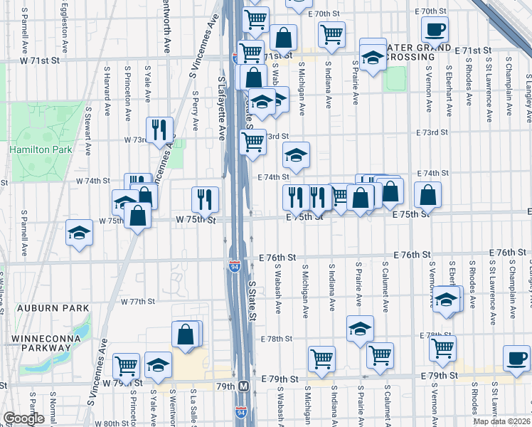 map of restaurants, bars, coffee shops, grocery stores, and more near 20 East 75th Street in Chicago