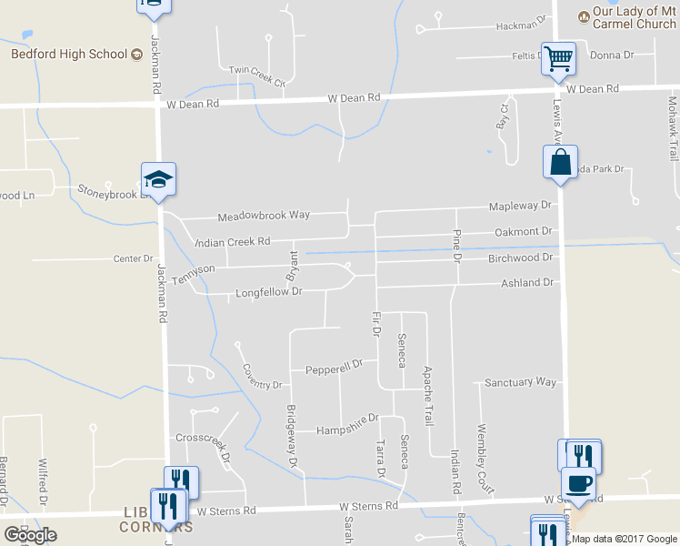 map of restaurants, bars, coffee shops, grocery stores, and more near 1353 Tennyson Drive in Temperance