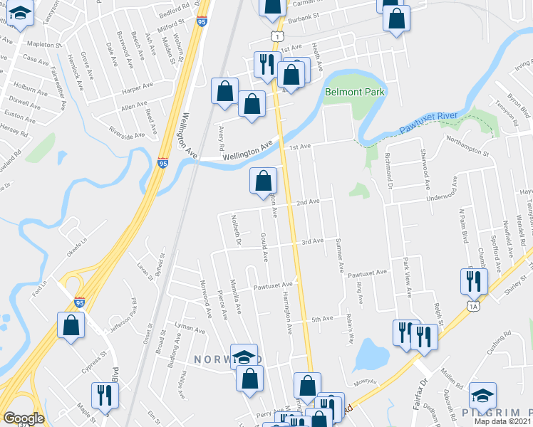 map of restaurants, bars, coffee shops, grocery stores, and more near 97 Harrington Avenue in Warwick