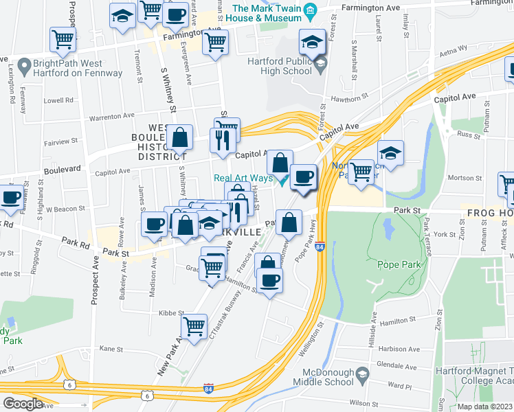 map of restaurants, bars, coffee shops, grocery stores, and more near 25 Hazel Street in Hartford