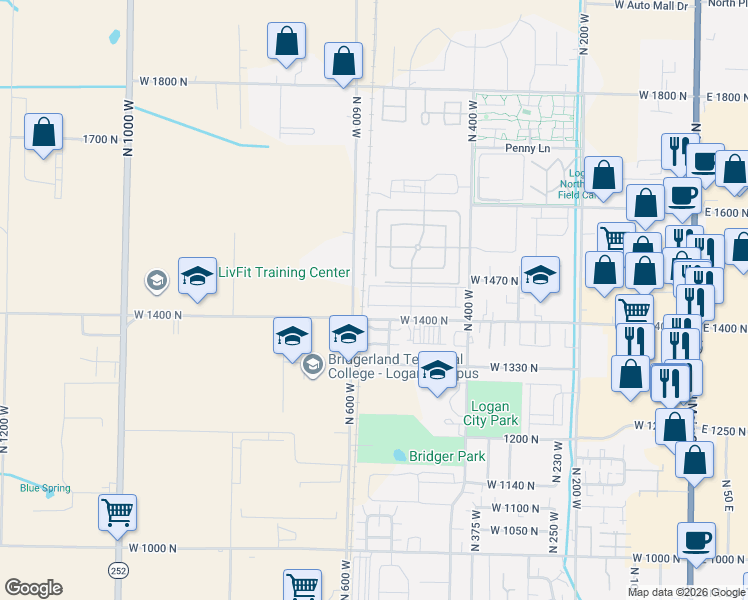 map of restaurants, bars, coffee shops, grocery stores, and more near 537 1420 North in Logan