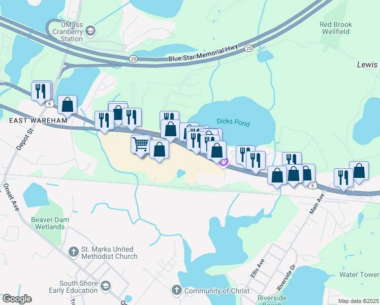 map of restaurants, bars, coffee shops, grocery stores, and more near 3018A Cranberry Highway in Wareham