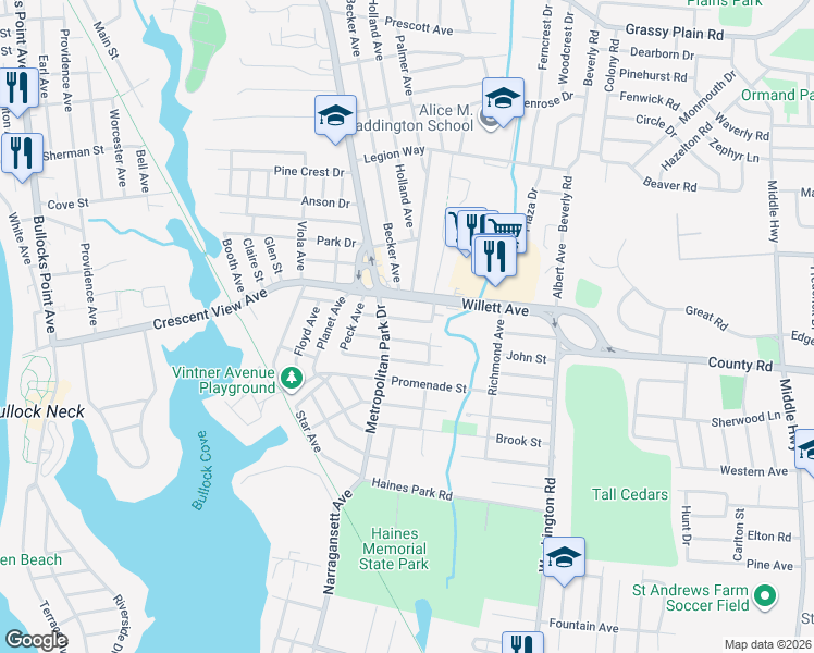 map of restaurants, bars, coffee shops, grocery stores, and more near 49 Franklin St in East Providence