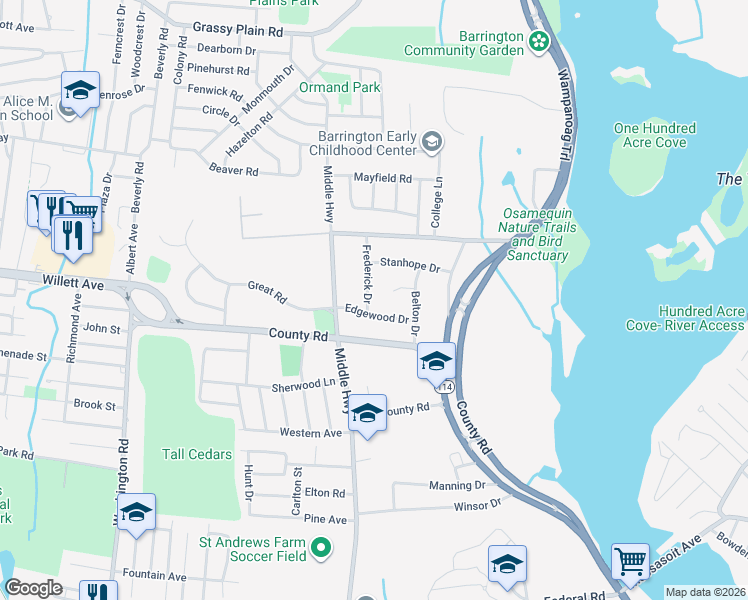 map of restaurants, bars, coffee shops, grocery stores, and more near 24 Frederick Dr in Barrington