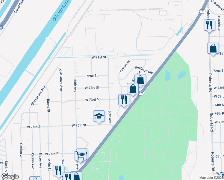 map of restaurants, bars, coffee shops, grocery stores, and more near 7307 South 86th Avenue in Justice