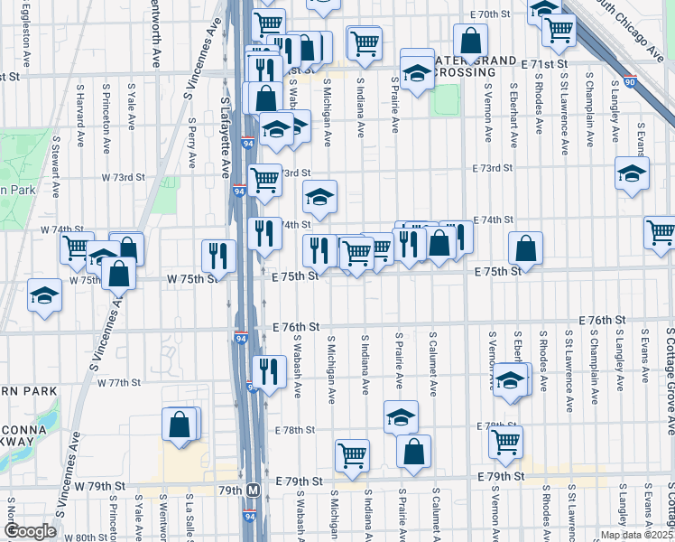 map of restaurants, bars, coffee shops, grocery stores, and more near 100 East 75th Street in Chicago
