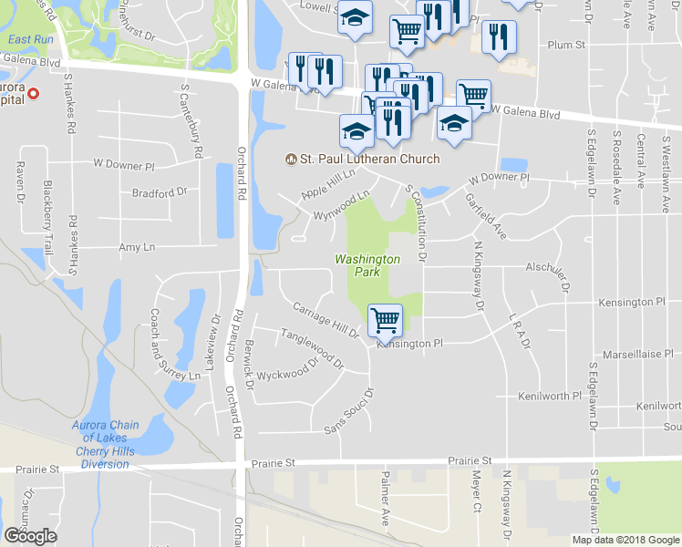 map of restaurants, bars, coffee shops, grocery stores, and more near 242 Heritage Drive in Aurora