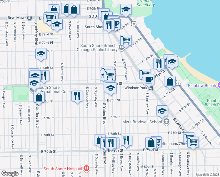 map of restaurants, bars, coffee shops, grocery stores, and more near 7512 South Phillips Avenue in Chicago
