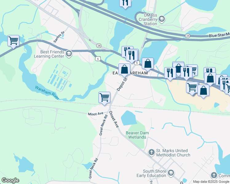 map of restaurants, bars, coffee shops, grocery stores, and more near 27 Depot Street in Wareham