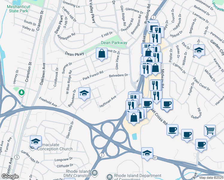 map of restaurants, bars, coffee shops, grocery stores, and more near 39 Sachem Drive in Cranston